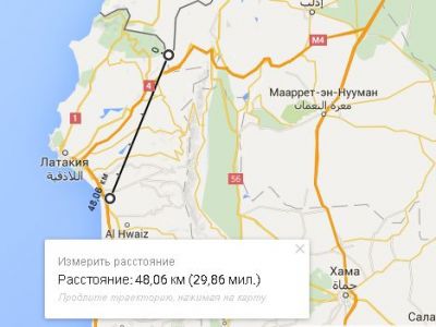 Расстояние от аэропорта до точки в которой был сбит СУ-24М составляет около 48 км. Источник: Карты Google